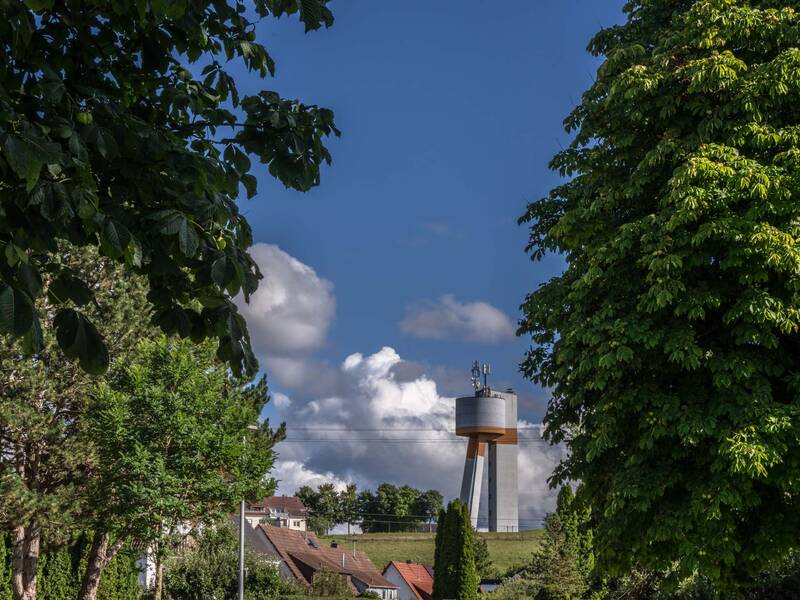 Bild vom Aldinger Wasserturm umrahmt von Bäumen