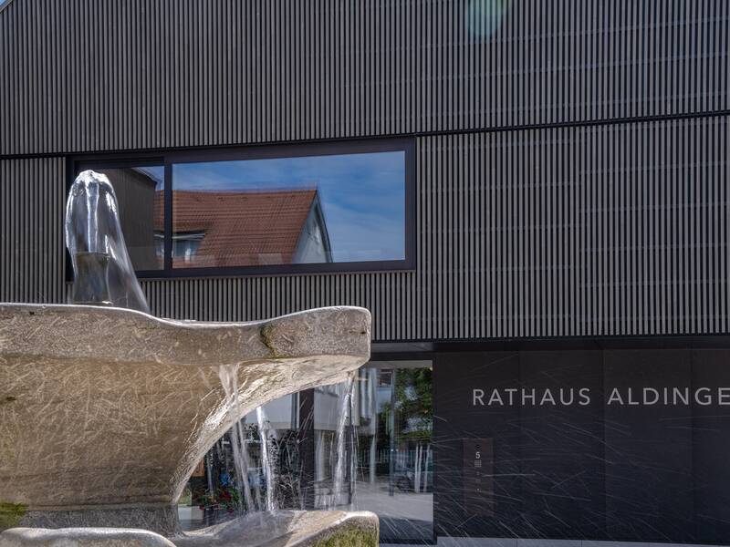 Marktplatzbrunnen mit Rathaus im Hintergrund