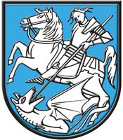 Wappen der ehemaligen Gemeinde Aixheim und jetzigem Ortsteil: silberner/weißer St. Georg auf blauem Untergrund