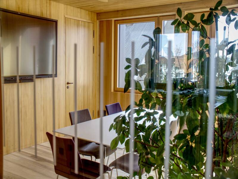 Ein moderner Besprechungsraum mit Holzverkleidung, einem großen Flachbildschirm, einem Tisch mit Stühlen und einer Grünpflanze im Vordergrund.